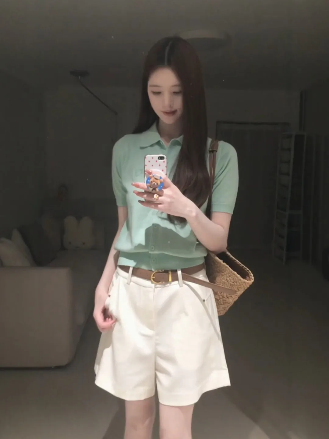 

Korean High-End Green Knitted Short Sleeve T-Shirt Women's Summer Thin Collar Slimming Versatile Simple Top