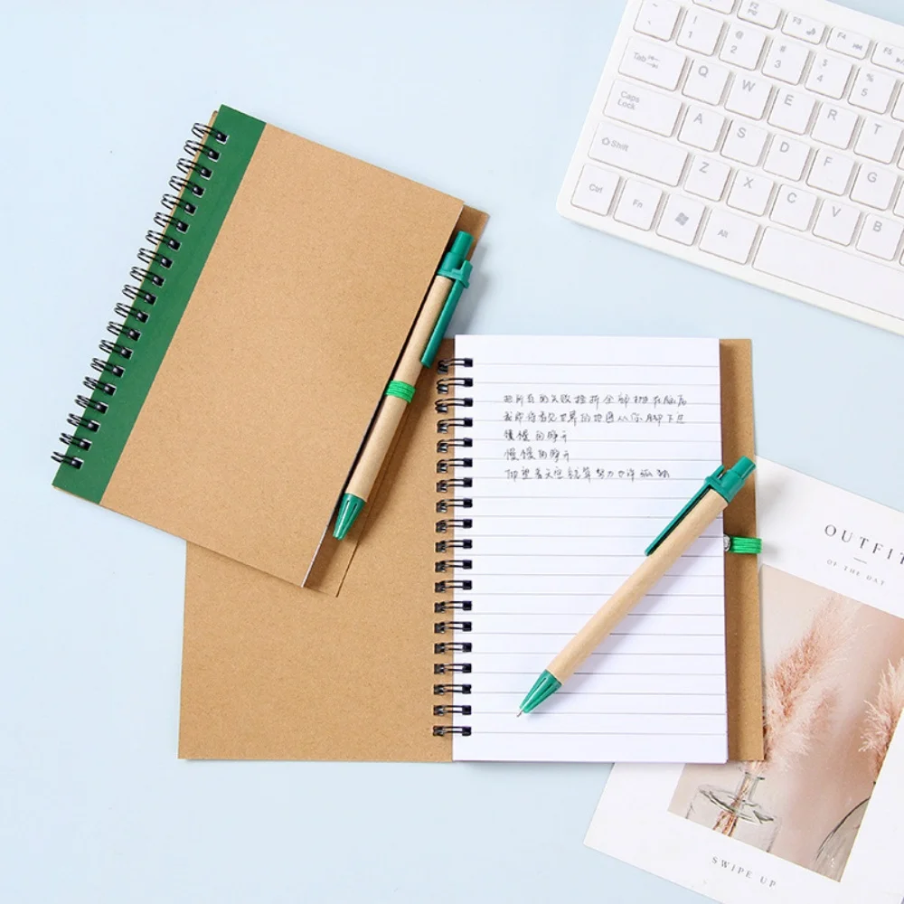 Lined Spiral Notebook Kraft Paper Cover Notepad with Pen in Holder, Sticky Notes and Page Marker, Business Small Notebook