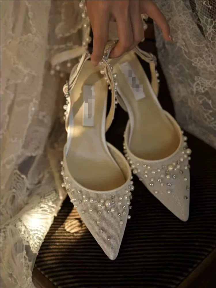 

Thin high-heeled sandals spring and summer new pointed toe shallow mesh pearl rhinestone wedding shoes banquet dress women shoes