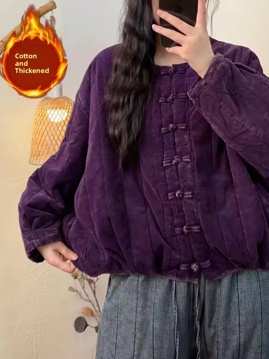 Retro coreano Sle veludo Jaet feminino plus size outono inverno Thiened algodão acolchoado casaco botão decoração abóbora pat...