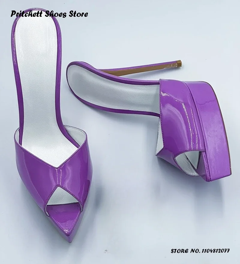 

Women's Patent Leather Platform Mules Summer Pull On Party Wedding Dress Shoes Pointed Open Toe Thin Heels Fashion Slippers