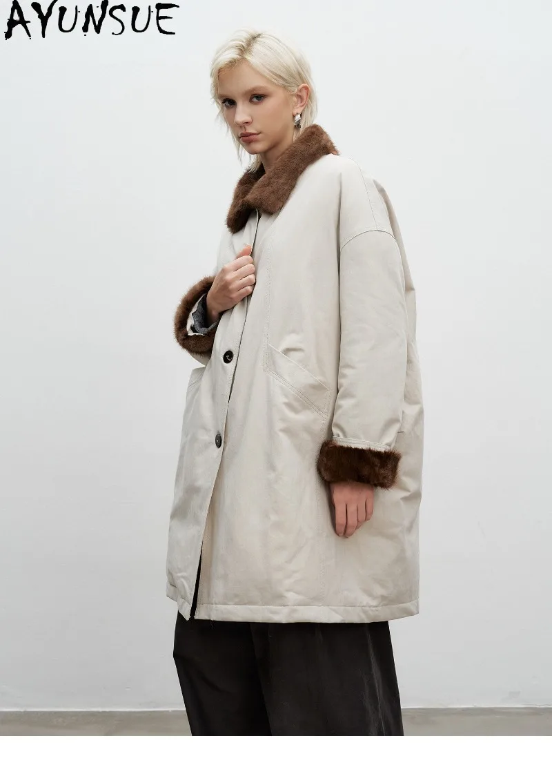 AYUNSUE White Goose Down Parka Women Warm Winter Coat Genuine Muskrat Fur Collar Mid-Length Clothing Fashion 2026 Пальто Женское