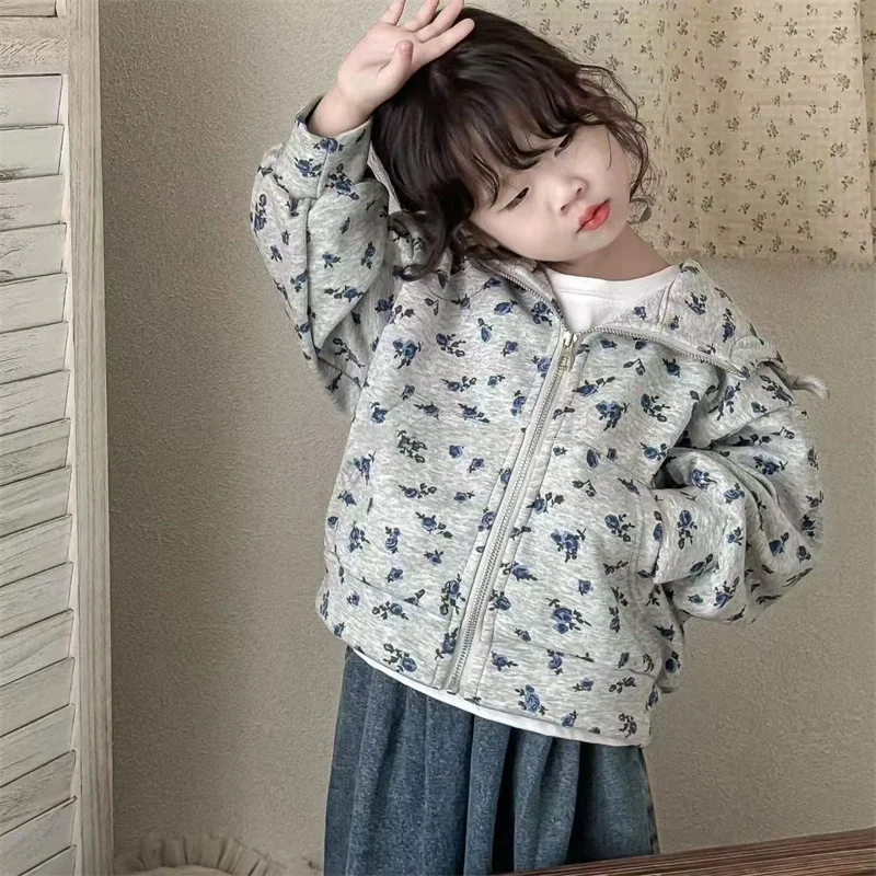 

Girl's Sweater Coat Baby Floral Hooded Jacket Kods Spring Cute Sweet Outerwear New Autumn Casual Tops Children's Zip Clothes
