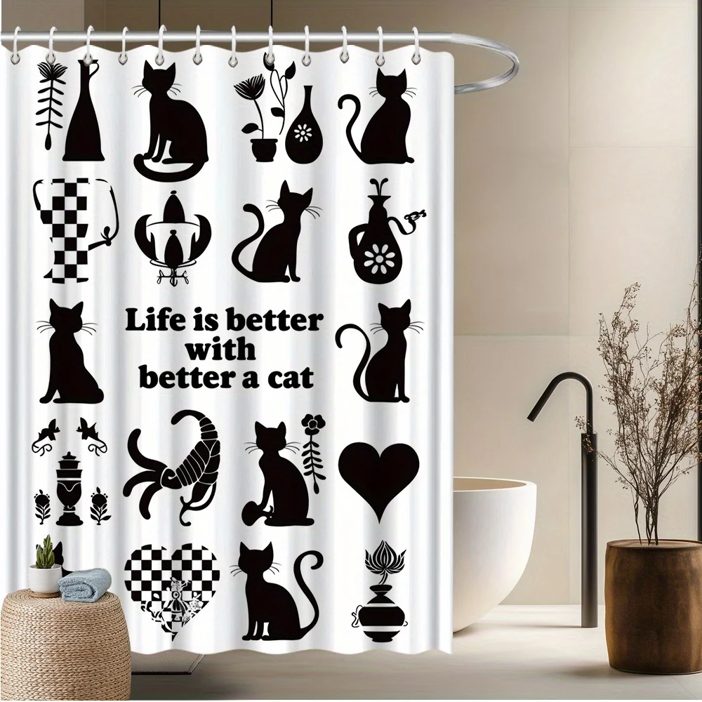 

Занавеска для душа с кошачьим узором и силуэтами черной кошки, цветочными сердечками и вазами — цитата «Жизнь лучше с котом», 70,8x70,8 дюйма