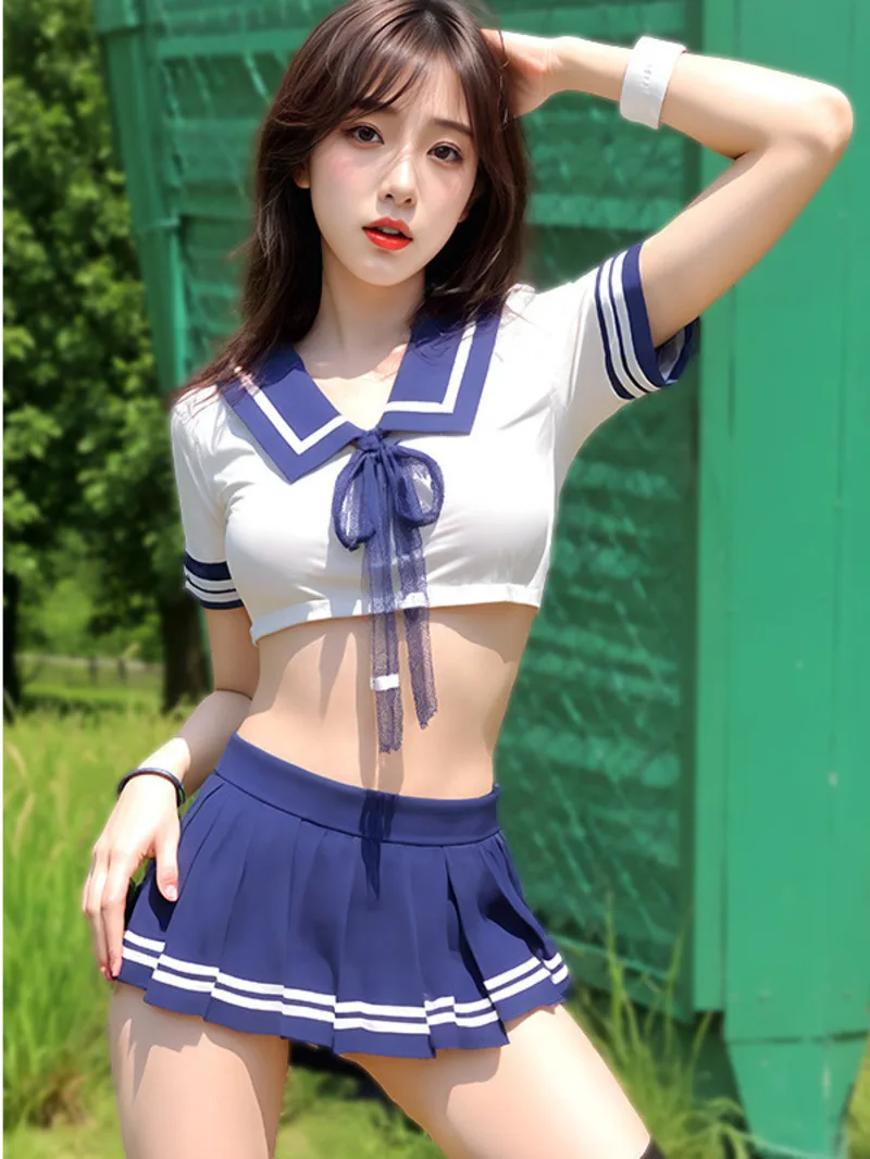 

Sexy Sweet Cute Student Short Sleeves Leakage Of Navel Skirt Role-playing Plus Size Skirt Sets Charming Elegant Beautiful 3JR0