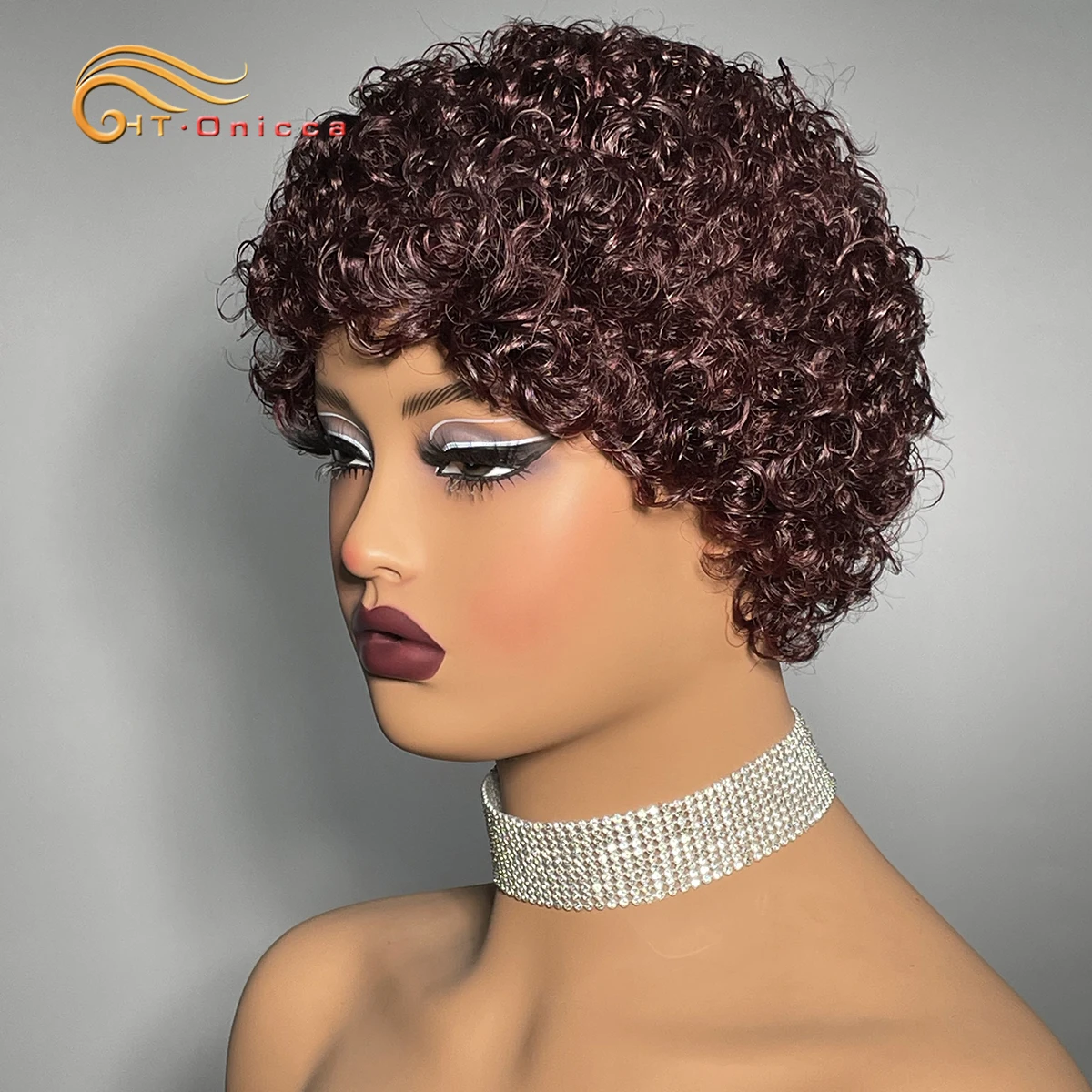 Honey Blonde Colored Kinky Curly Human Hair Wig Color 27 99J Machine Made Pixie Cut Wigs 100% Human Hair Wigs For Women