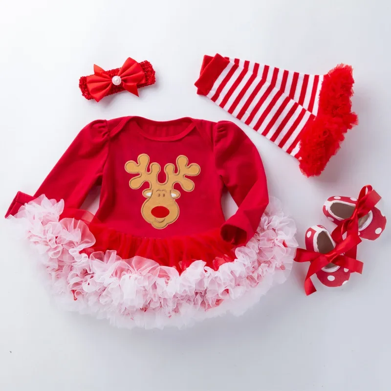 My First Christmas Baby Girls Outfits Deer Romper Dress + Shoes +Headband Newborns New Year Girls Clothes Sets