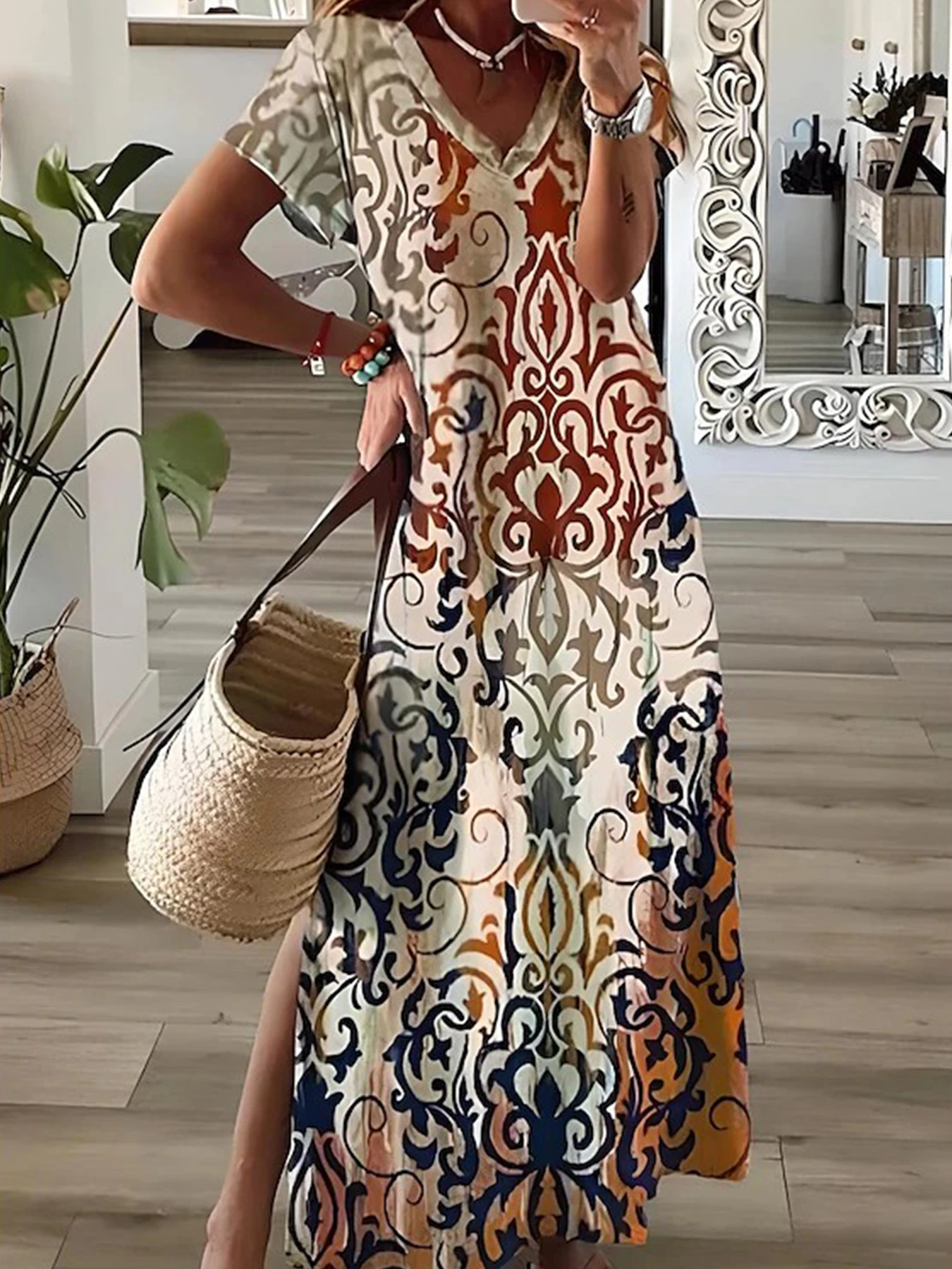 Damen-Maxikleid, lässig, kurzärmelig, T-Shirt-Kleid, V-Ausschnitt, Sommerkleid mit Seitenschlitz, A-Linie, grafisches Pulloverkleid für den Trend