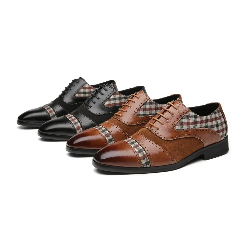 Men\'s Brogue Shoes Brown Black Patchwork Fabric Business Lace-up Breathable Dress Shoes  Men Casual Shoes