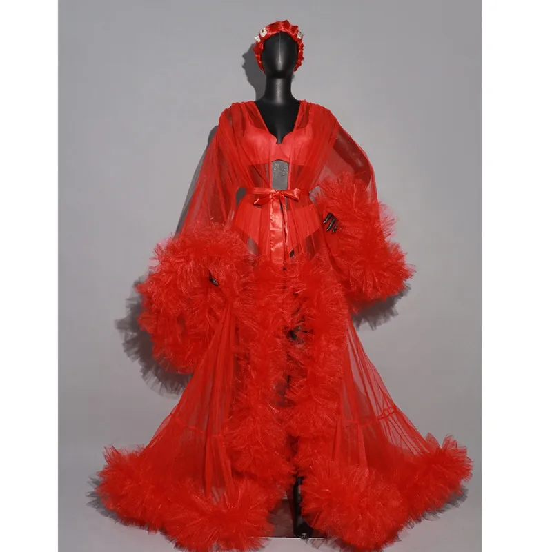 Sexy Pink Red Transparent Gauze Mesh Trailing Dress Drag Queen Costume Women  Birthday Party Photo Stage Performance Clothes