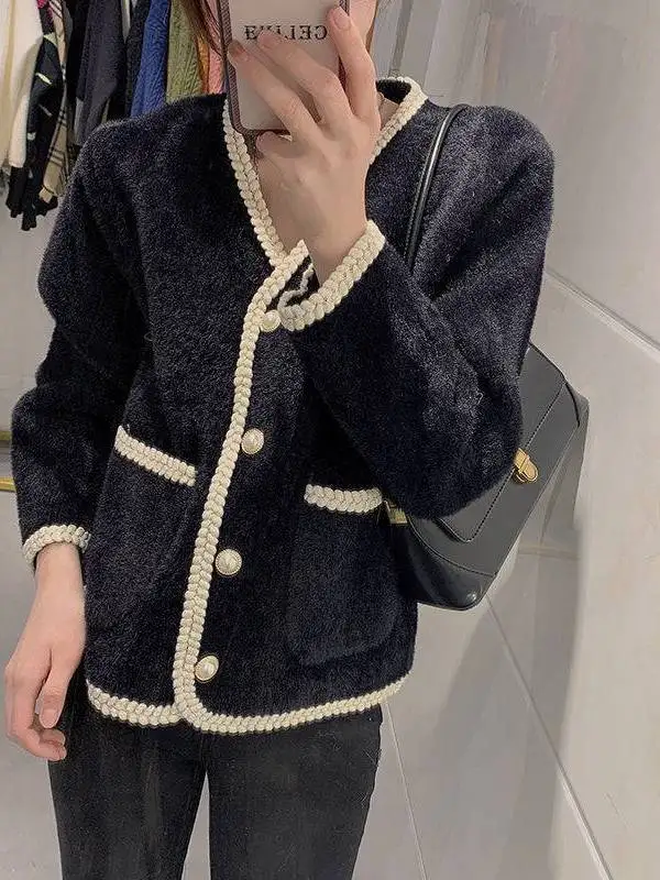 ピュアカラーカラー、スモールフレンチジャケット、ストリートスタイル、ルーズフィット、レディースアウター、ロング丈、シングルボタン