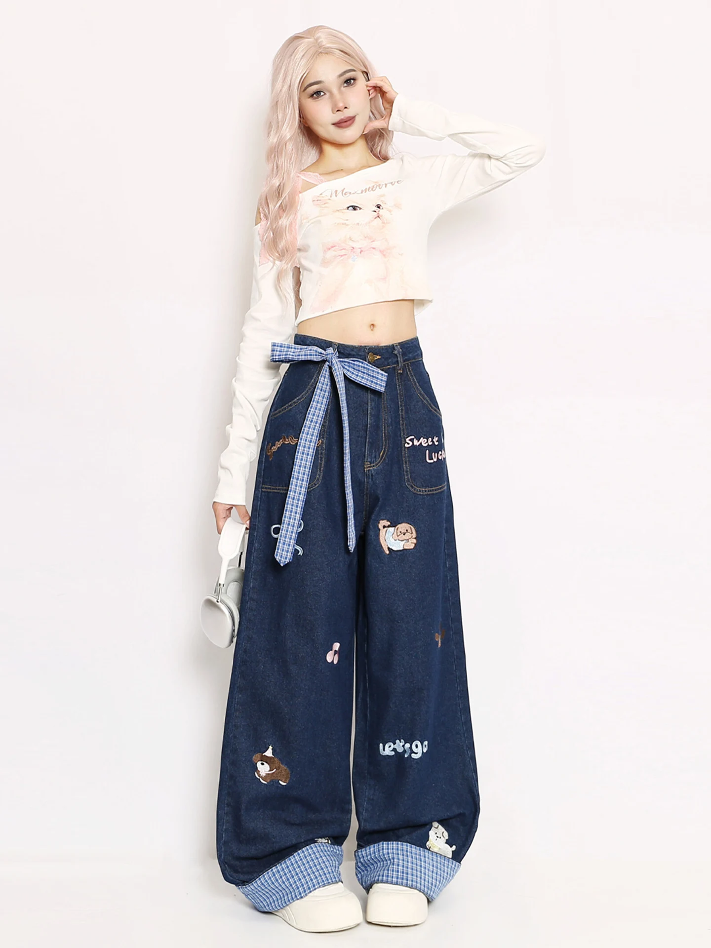 Cute Dog Bow Tie Embroidered Denim Pants High Waist Wide Leg Straight Cut Cuffed Casual Blue Jeans for Young Women Autumn