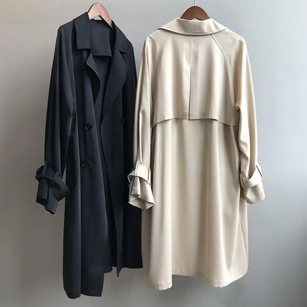 

Women Thin Windbreaker Long Korean Style Loose Solid Color Over Knee Coat Commute Button Long Sleeved England Thin Trench Coat