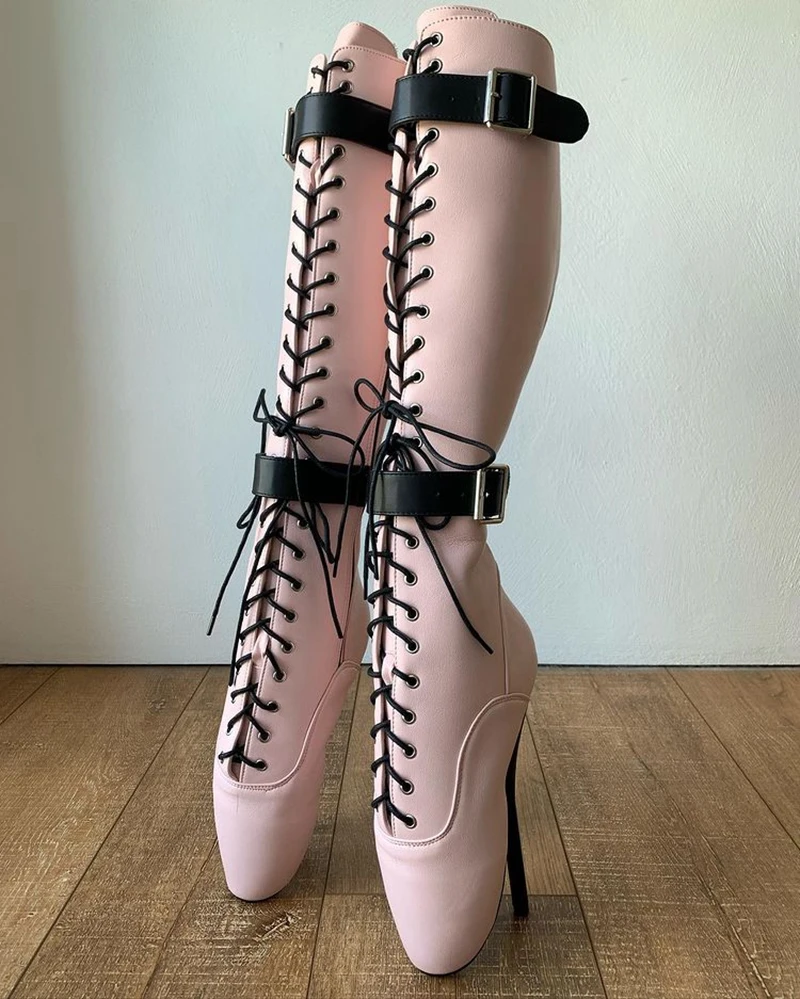 Sorbern Blush Pink Ballet Boots Women Knee High Stilettos Lace Up Double Straps Zip Up Customized Wide Or Slim Fit Leg Sm Shoe