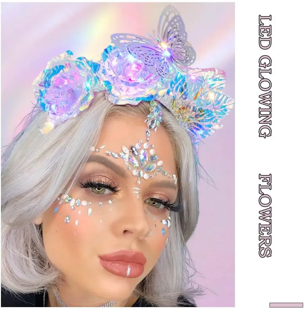 2 Stück leuchtende Laser-Blumen-Stirnbänder, LED-Schmetterlings-Haarbänder, glitzerndes Rave-Kostüm, Haarschmuck für Frauen
