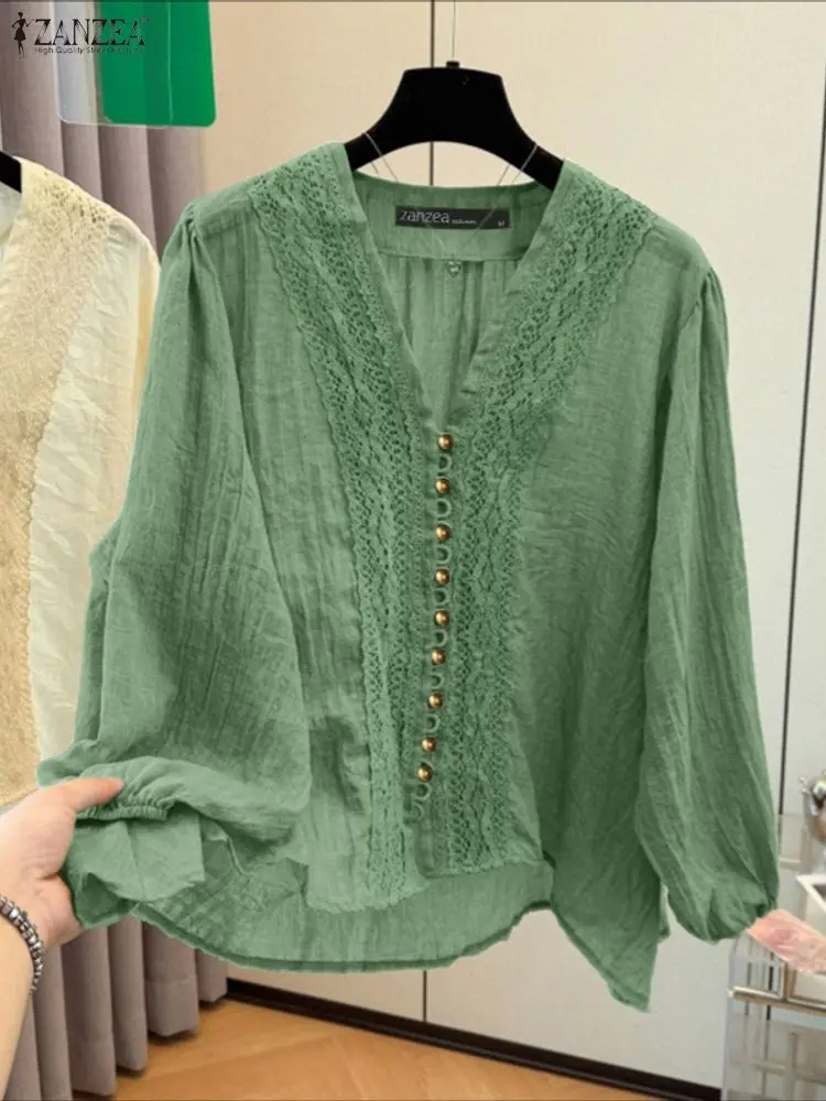 2025 ZNAZEA Women Elegant V Neck Long Sleeve Tops Blouse Autumn Lace Patchwork Shirts Loose Chemise Tunic Female OL Work Blusas