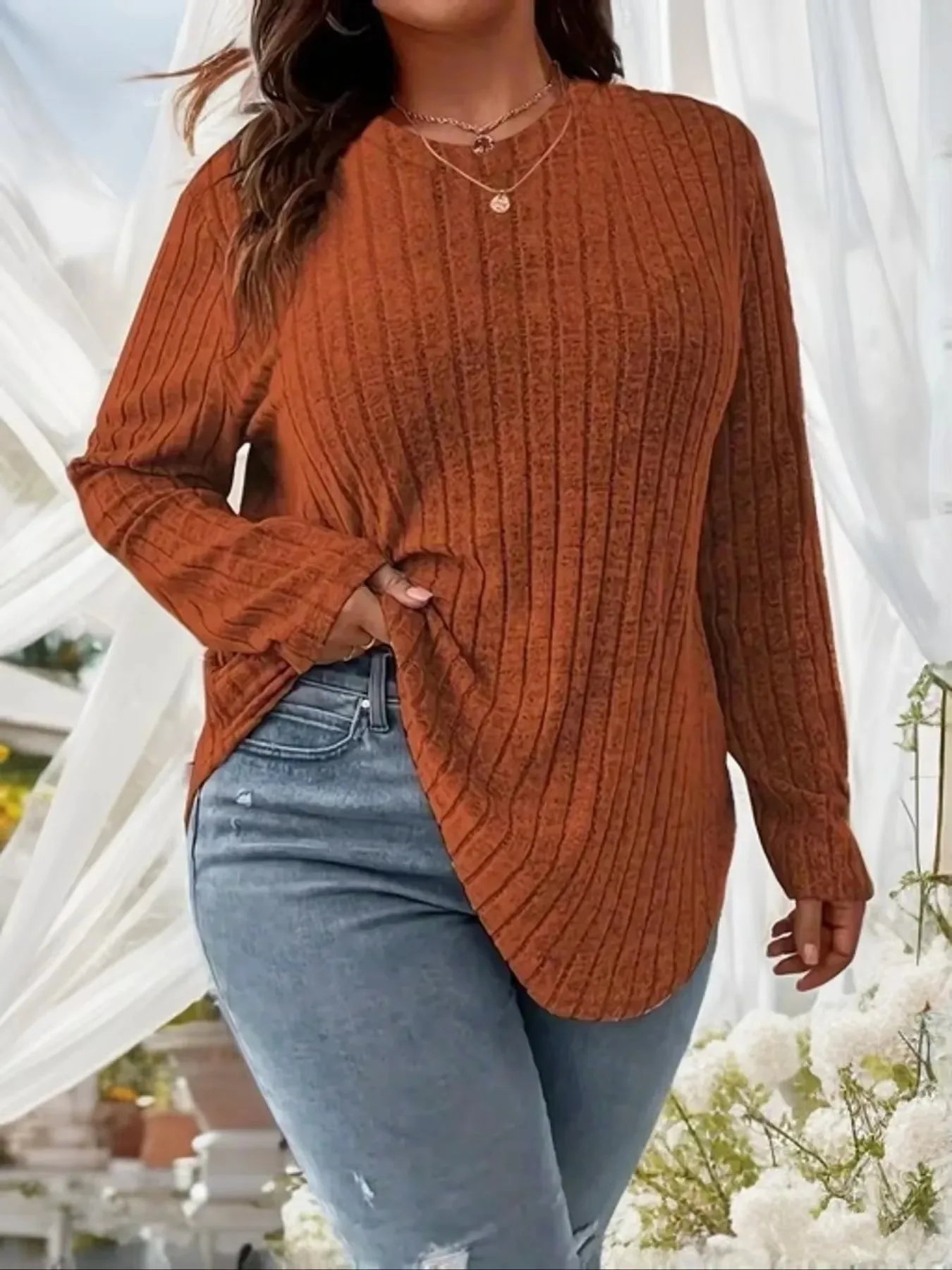 Plus Size 1XL-5XL Women's Fashionable Round Neck Top Versatile Casual Solid Color Long Sleeved Groove Brushed T-shirt