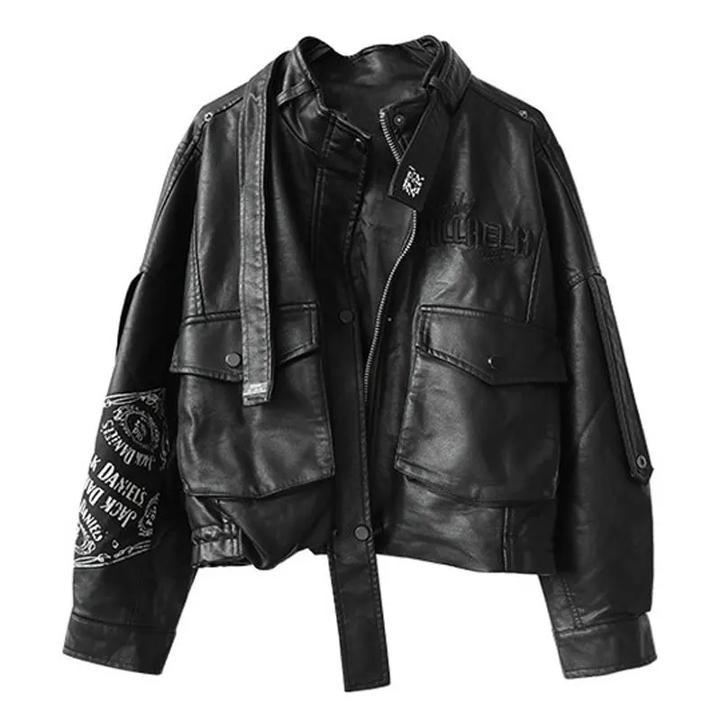 Sli bordado motociclista jaet ort americano sle casaco de couro feminino legal gola 2025 nova tendência faion streetwear