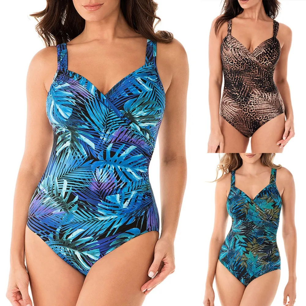Fashionable Plus Size Women's One-piece Swimsuit Leaf Enlarged Swimsuit Versatile Elegant U-shaped Back One-piece Swimsuit