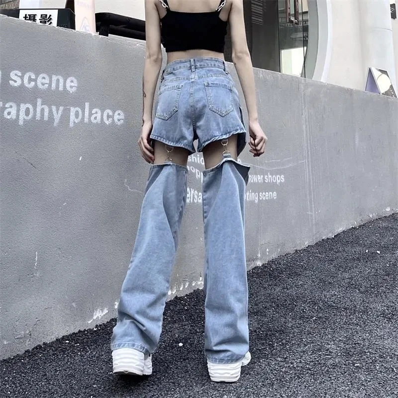 New Cargo Straight Women Jeans American Button Daily Long Leg Jeans High Waist Denim Korean Fashion Pants