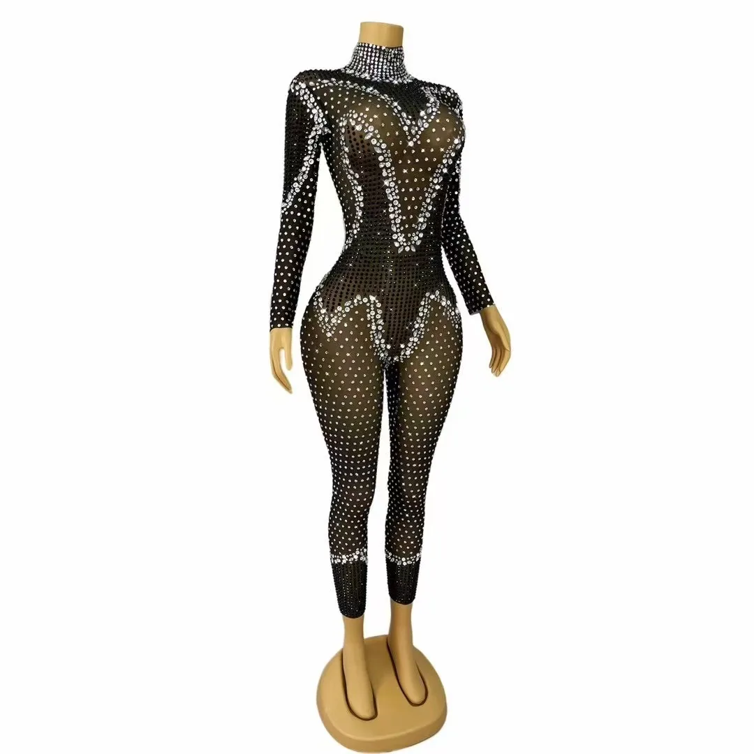 Sexy Sparkly Rhinestones Perform Costume Long Sleeves Mesh Jumpsuits Birthday Singer Party Show Photoshoot Outfit Club Vestido