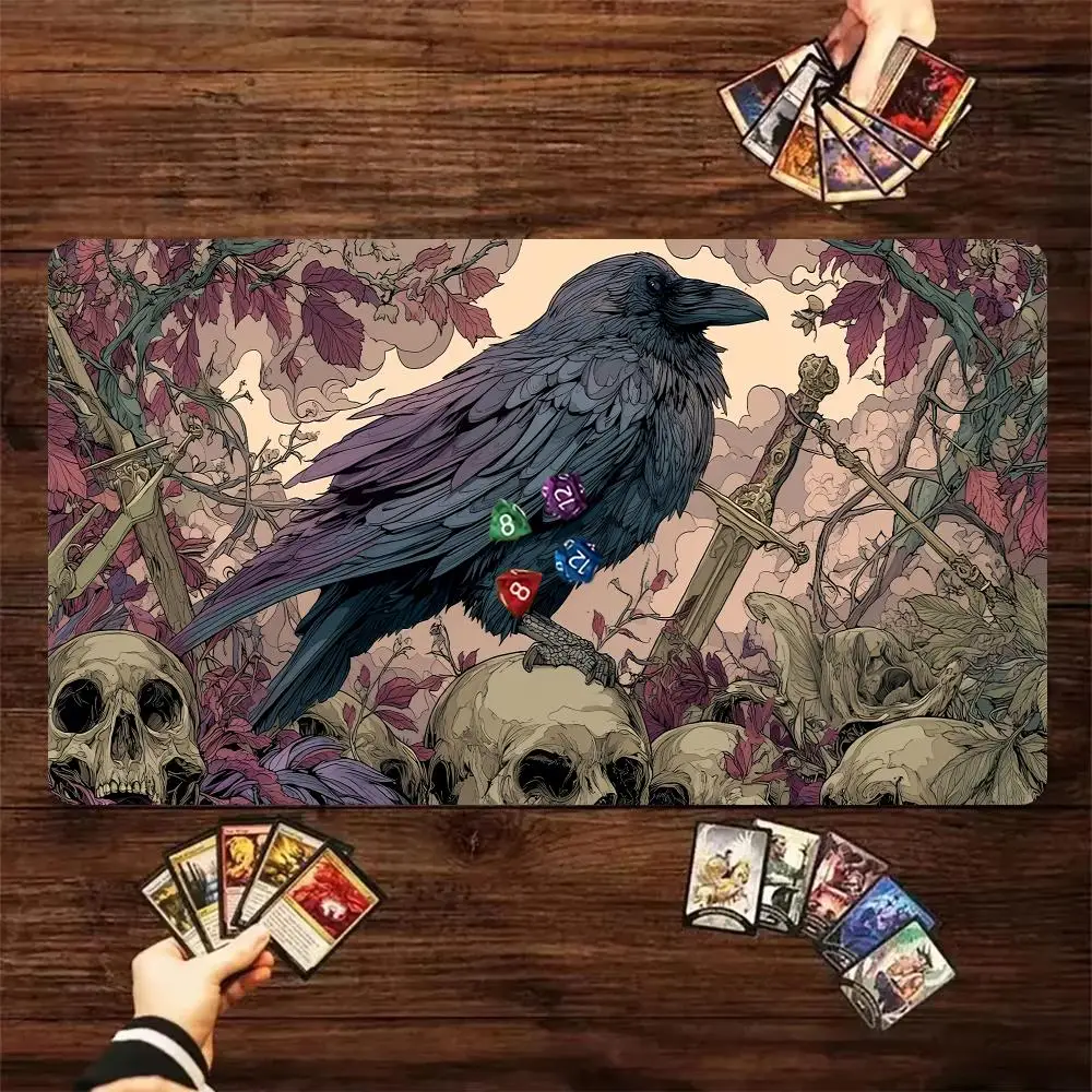 Dark Gothic Raven Skulls Swords Autumn Foliage TCG Play mat With Game Zones Large Anti‑Slip Desk mat For Card Game Mouse pad