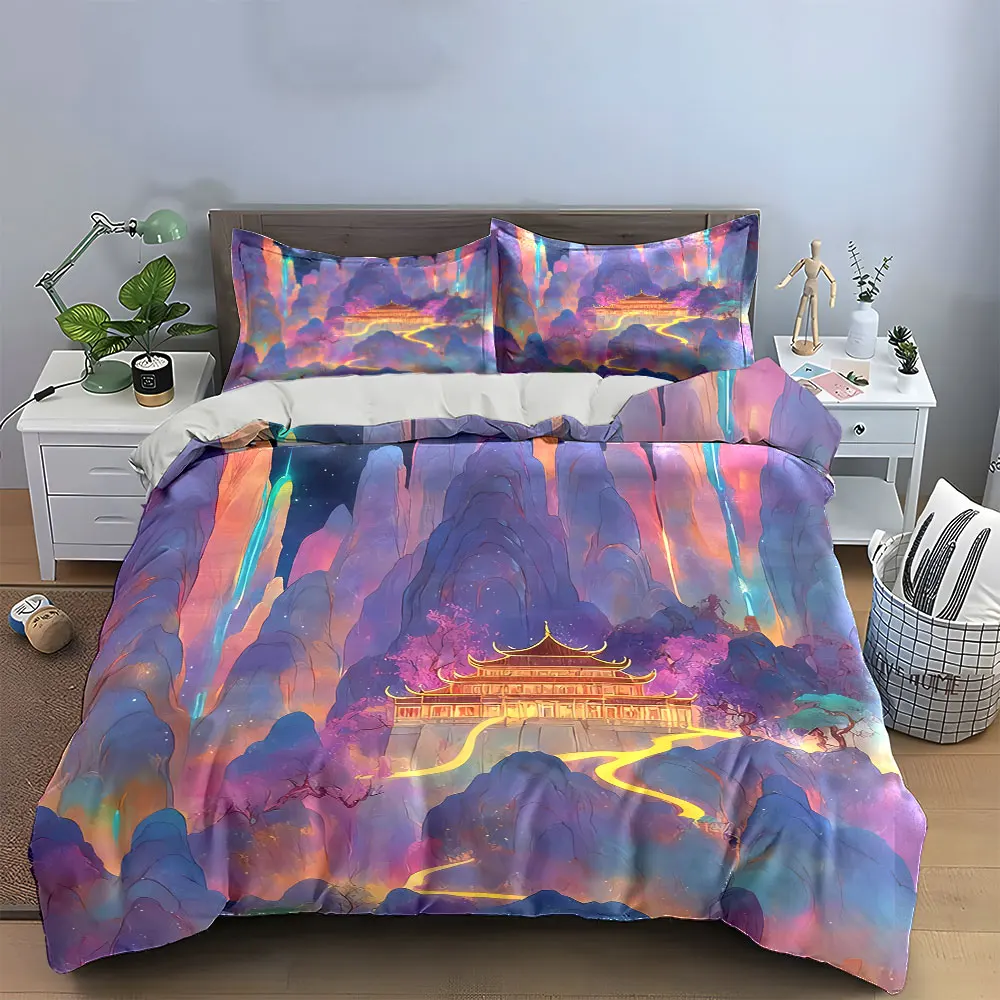 Chinese Landscape Three-Piece Set Decor Bedding Set with 1 Duvet Cover 2 Pillowcases Single Double King Queen, Gift
