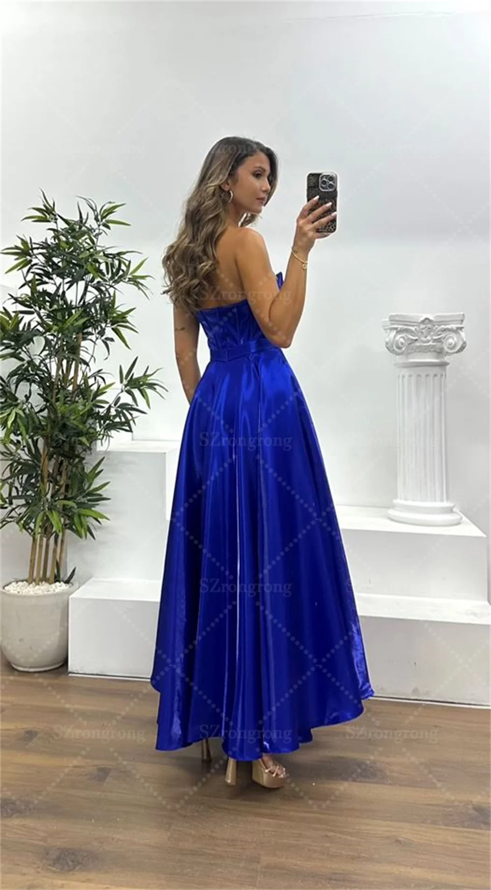 Vestido de noche drapeado con cuello de corazón de princesa hecho a medida, corte en A, largo hasta el té, vestido de fiesta de graduación sin espalda fruncido con lazo