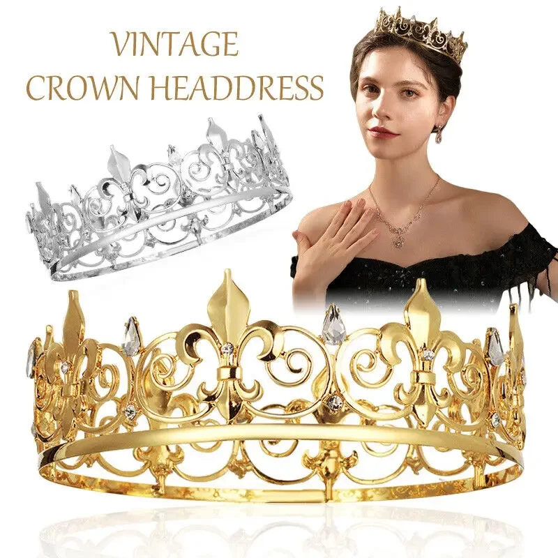 Classic King Hair Jewelry Crown Baroque Full Circle Gold Rhinestone Alloy Crown Men and Women Party Headwear Wedding image 2