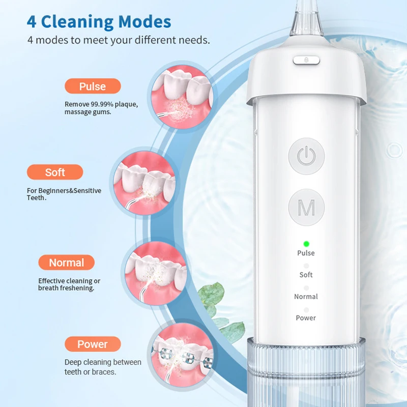 Portable Pull-out Oral Irrigator Water Flosser Rechargeable Dental Water Jet for Teeth 210ML Tank Waterproof 4Tips Tooth Cleaner