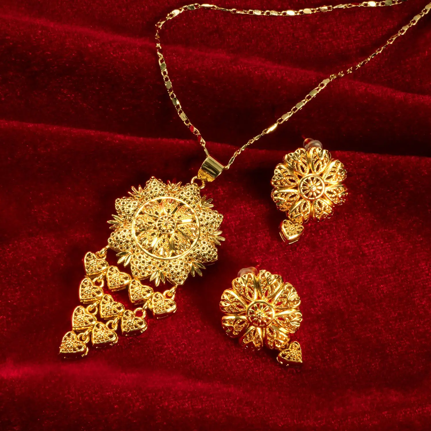 9999 gold necklace earrings flower jewelry set African lady's accessories two-piece set