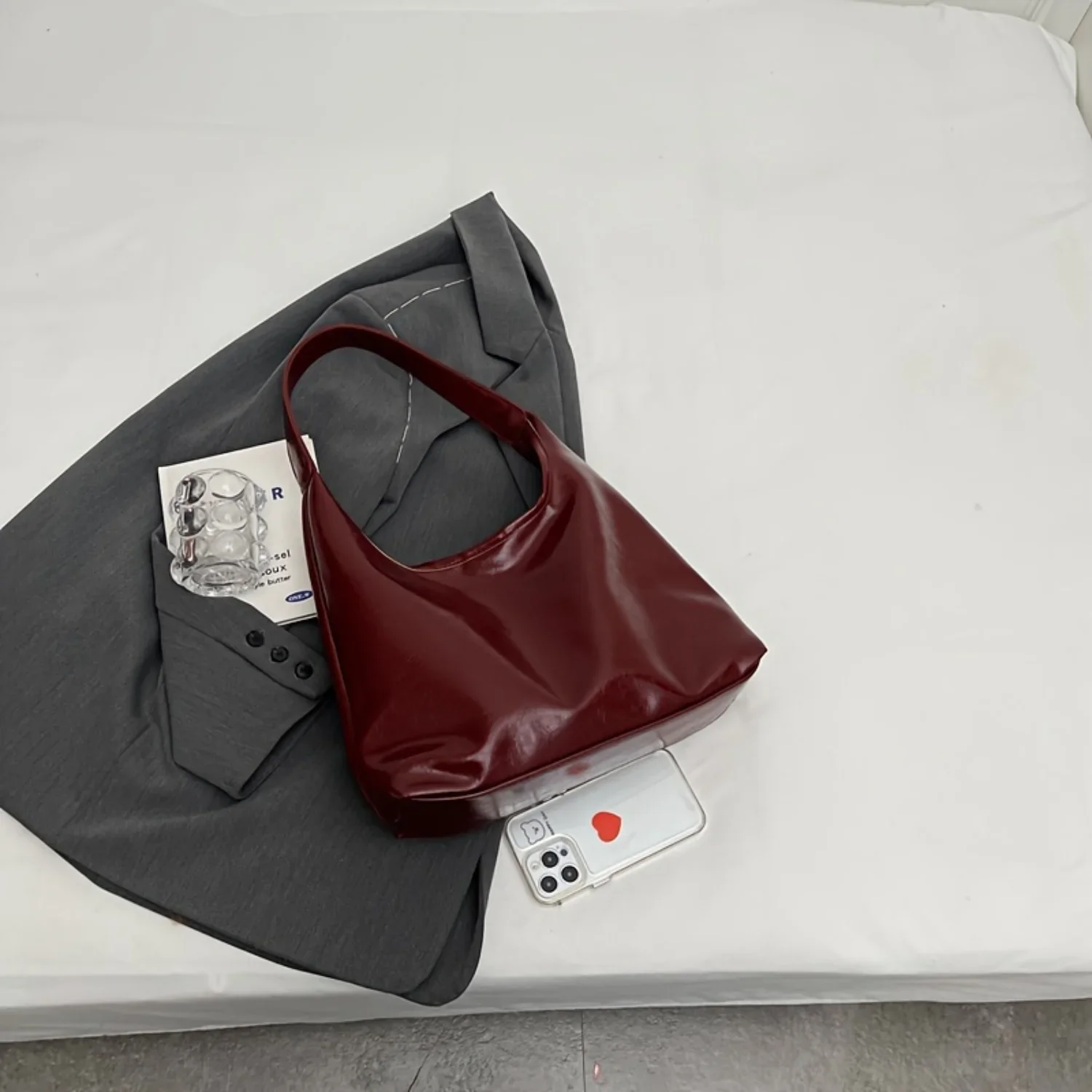 1pc Large Capacity Red Tote Bag Vintage Style PU Shoulder Bag Elegant Bridal Purse for Women, Versatile Work & Daily Commuter Ha