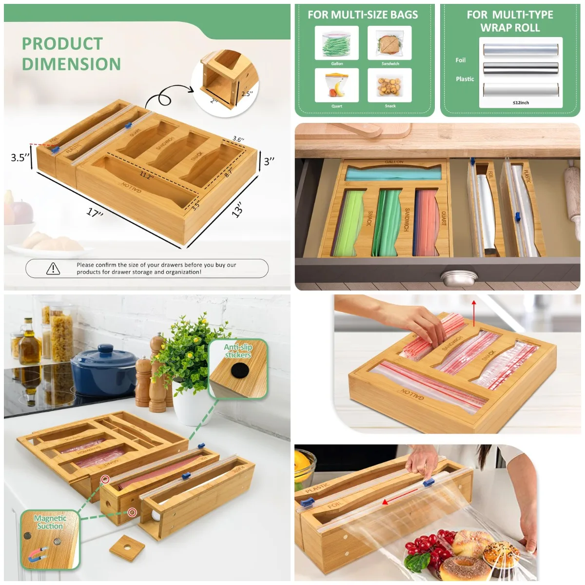 

Магнитный бамбуковый органайзер 6-в-1 с регулируемыми отделениями для мешков для пищевых продуктов, упаковки и закусок