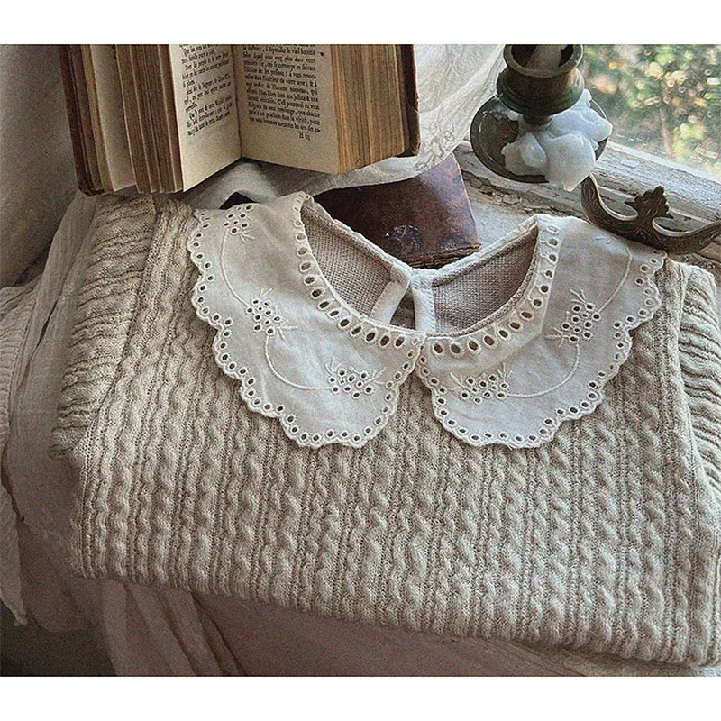 Baby Girl Sweet Lace Peter Pan Collar Tops Winter Fashion Ribbed Thickened Bottoming Tops Girls Simple Cotton Knitwear Tees