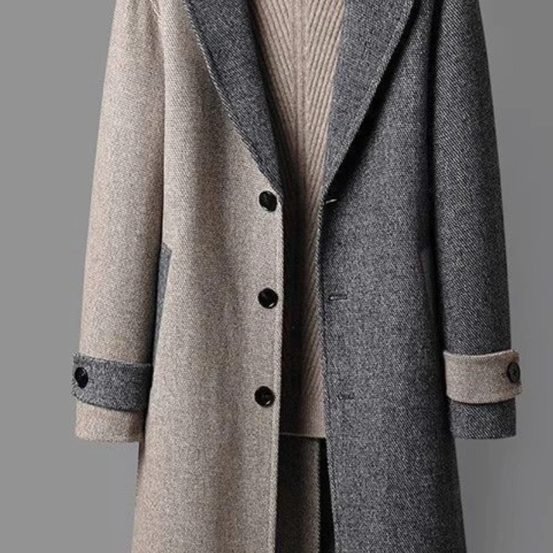 Sobretudo de lã de comprimento médio masculino, trench coat solto, colarinho com cor correspondente, versão coreana jovem, outono e inverno, 2024