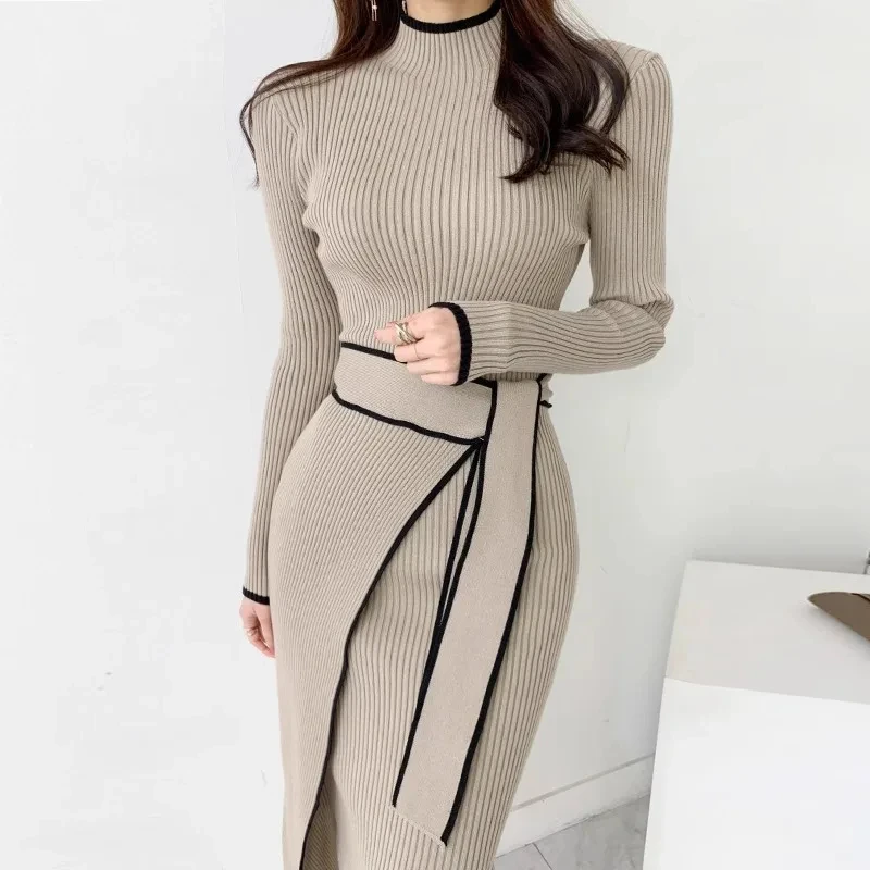 

2025 Elegant Lace Up Turtleneck Knitted Long Dress Korean Fashion Khaki Black Rib Bandage Bodycon Sweater Dress Robe Femme