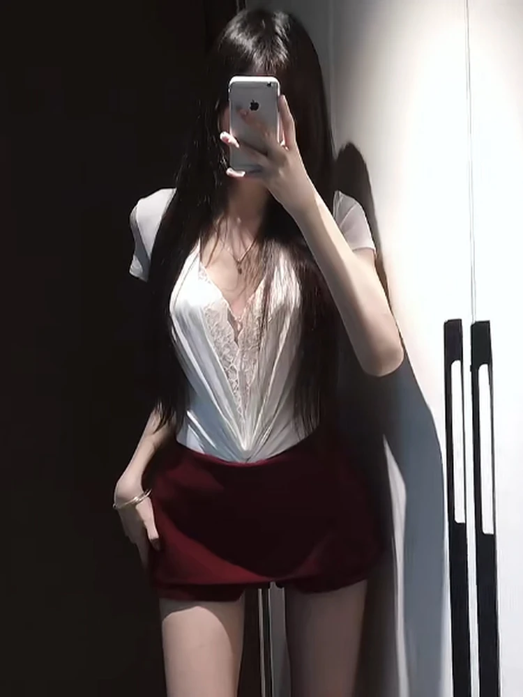 Jannie Lace Splice oulder T-irt Versatile Slimming V-Ne-Piece Summer Thin Low Waist orts Linen Blend Ladies Suit