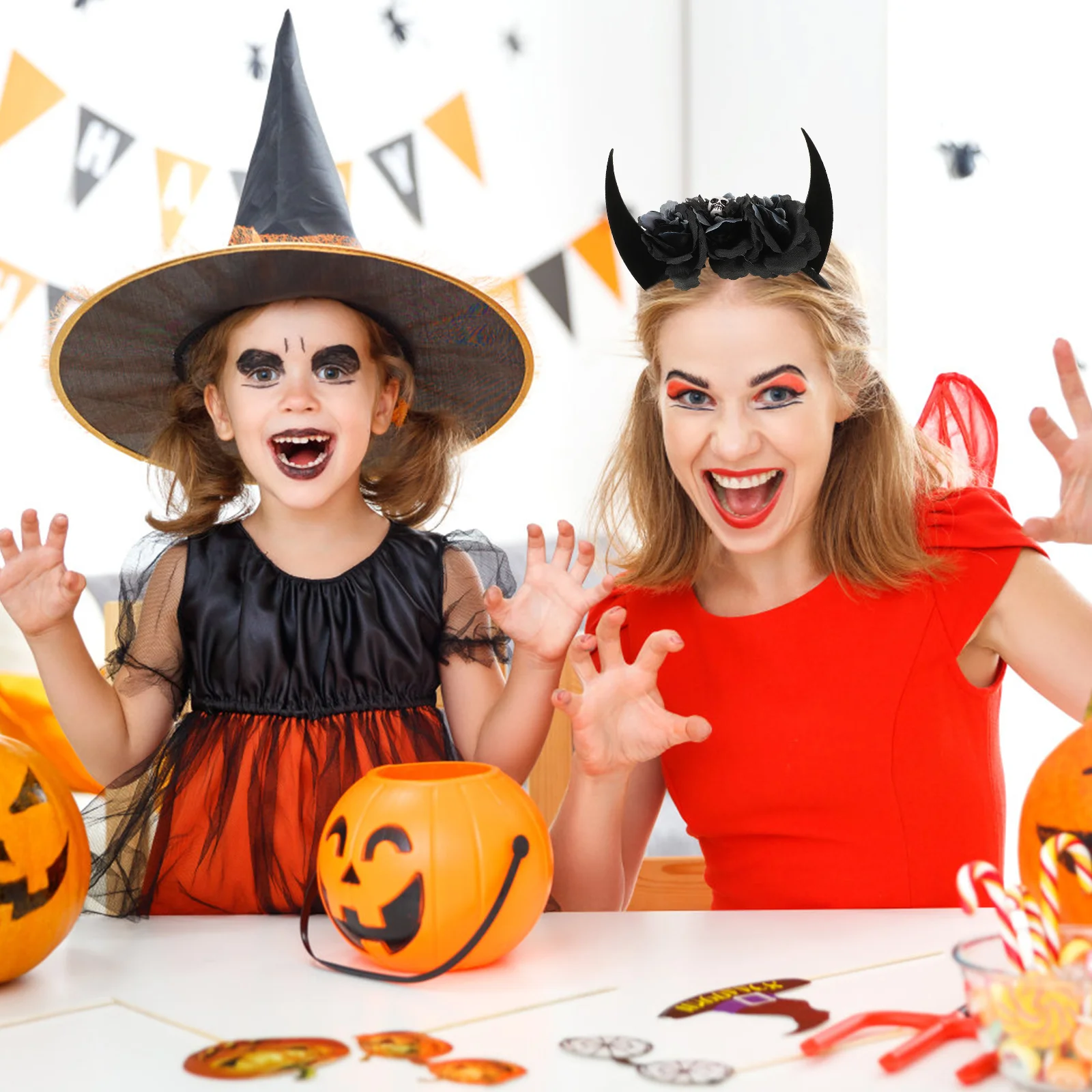 Chifre bandana chifres de boi hairband demônio cosplay aros pano flor resina fantasma festa de halloween criança