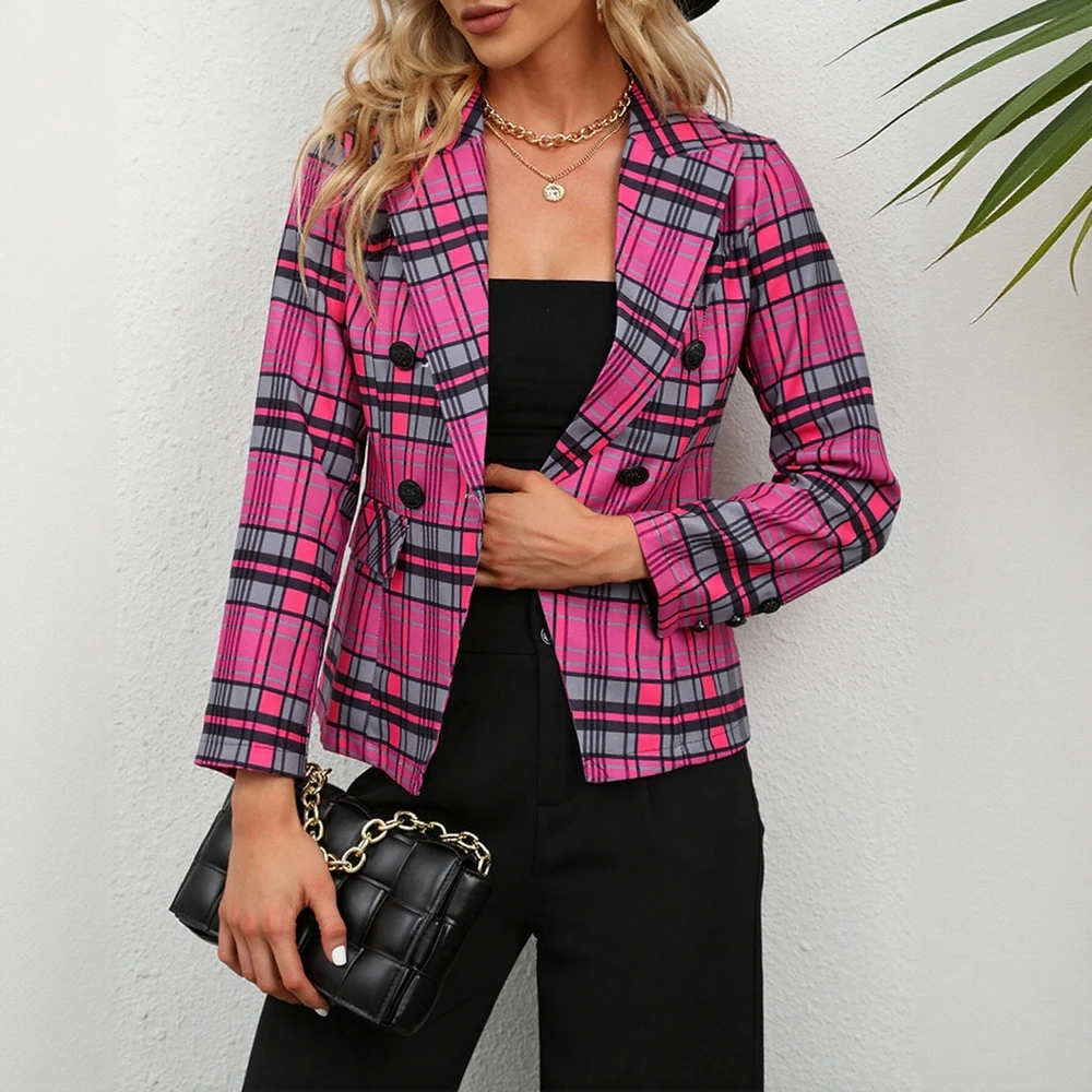 เสื้อโค้ทแขนยาวลายสก็อตสำหรับผู้หญิง กระดุมปกเสื้อแบบลาペル เสื้อคลุมสำหรับฤดูใบไม้ร่วงและฤดูหนาว แฟชั่นยุโรปและอเมริกา