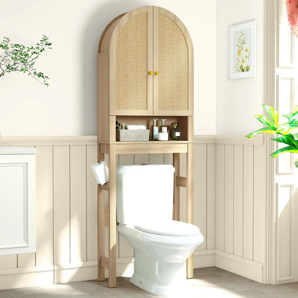 Modern Rattan Door Over Toilet Storage Cabinet with Adjustable Shelf, Arched Design for Space-Saving Bathroom Organization