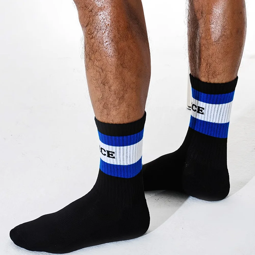 Socks Control Men's Black POLICE Letter Sports Socks Medium Tall Fitness Towel Sole Cotton Socks