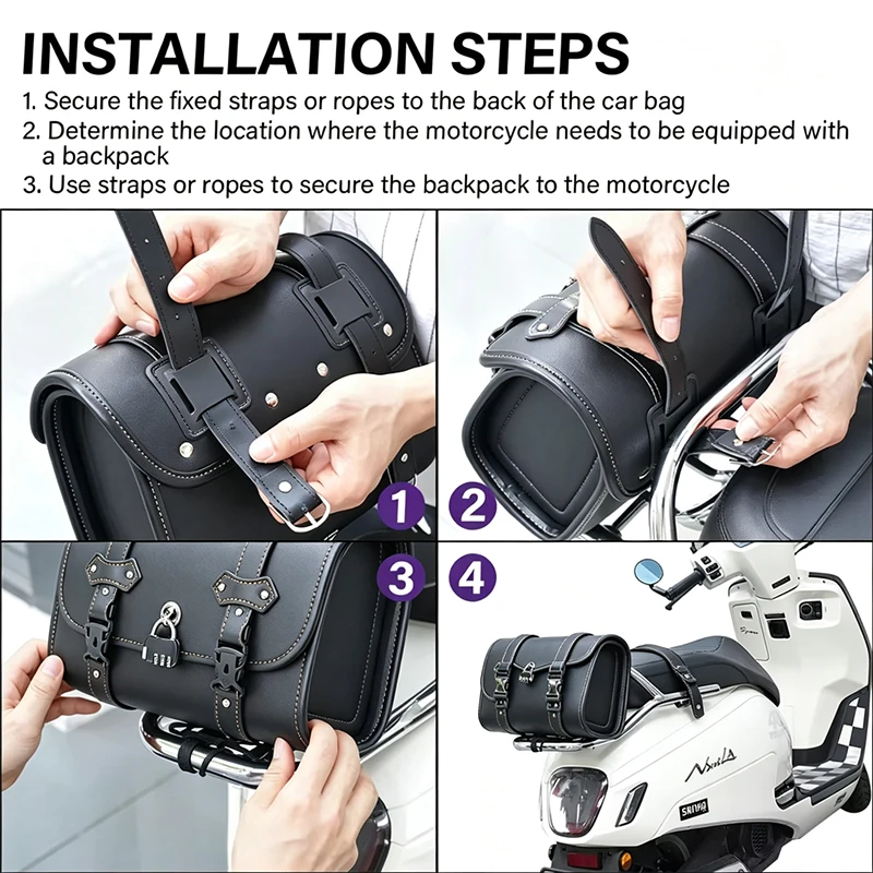 Wasserdichte Motorrad-Satteltasche mit Zahlenschloss, Diebstahlschutz, Schwarz, universell einsetzbar, großes Fassungsvermögen, Werkzeug für Harley, Yamaha, Suzuki. – Detail 7