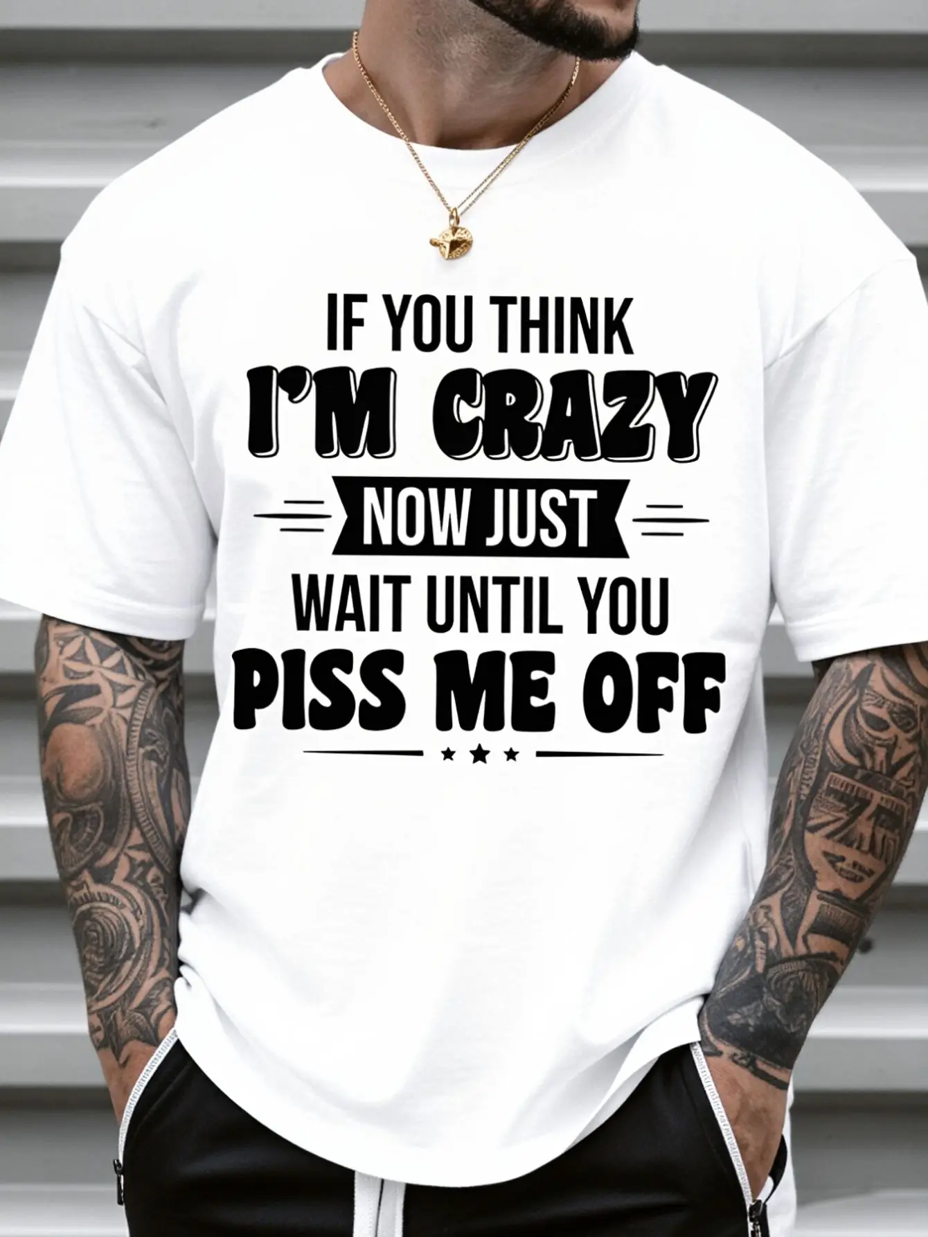 Men's T-Shirt, Men's Casual Short Sleeve Crewneck Shirt With Gold Pendant Necklace And Tattooed ArmsIt Is Perfect For Gifting To Friends Or Family Members As A Holiday Present, 220g