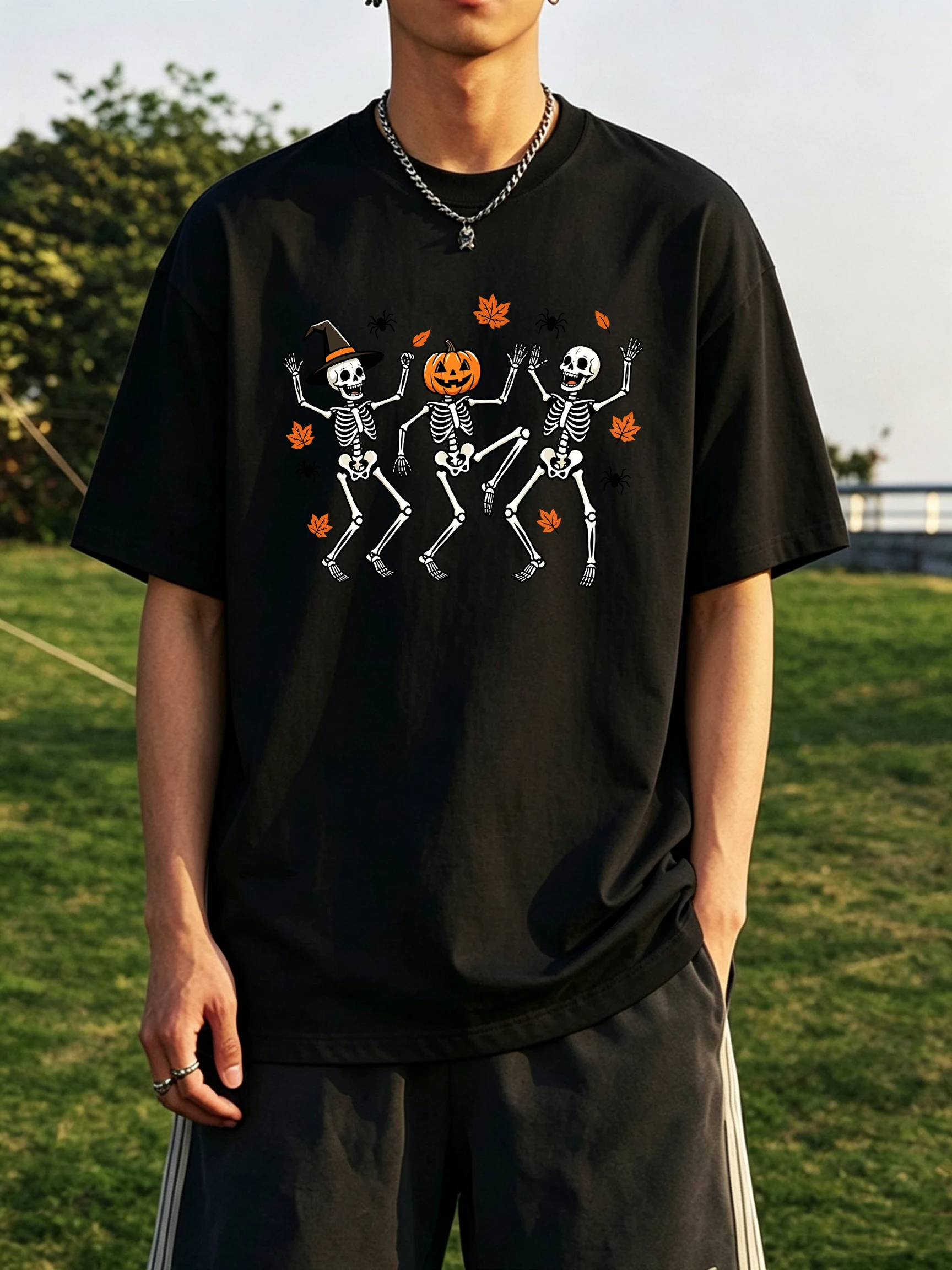 Dancing Skeletons Halloween Print Men Casual T-Shirt Cotton O-Neck Short Sleeve Trendy Summer Streetwear All-Match Loose Clothes