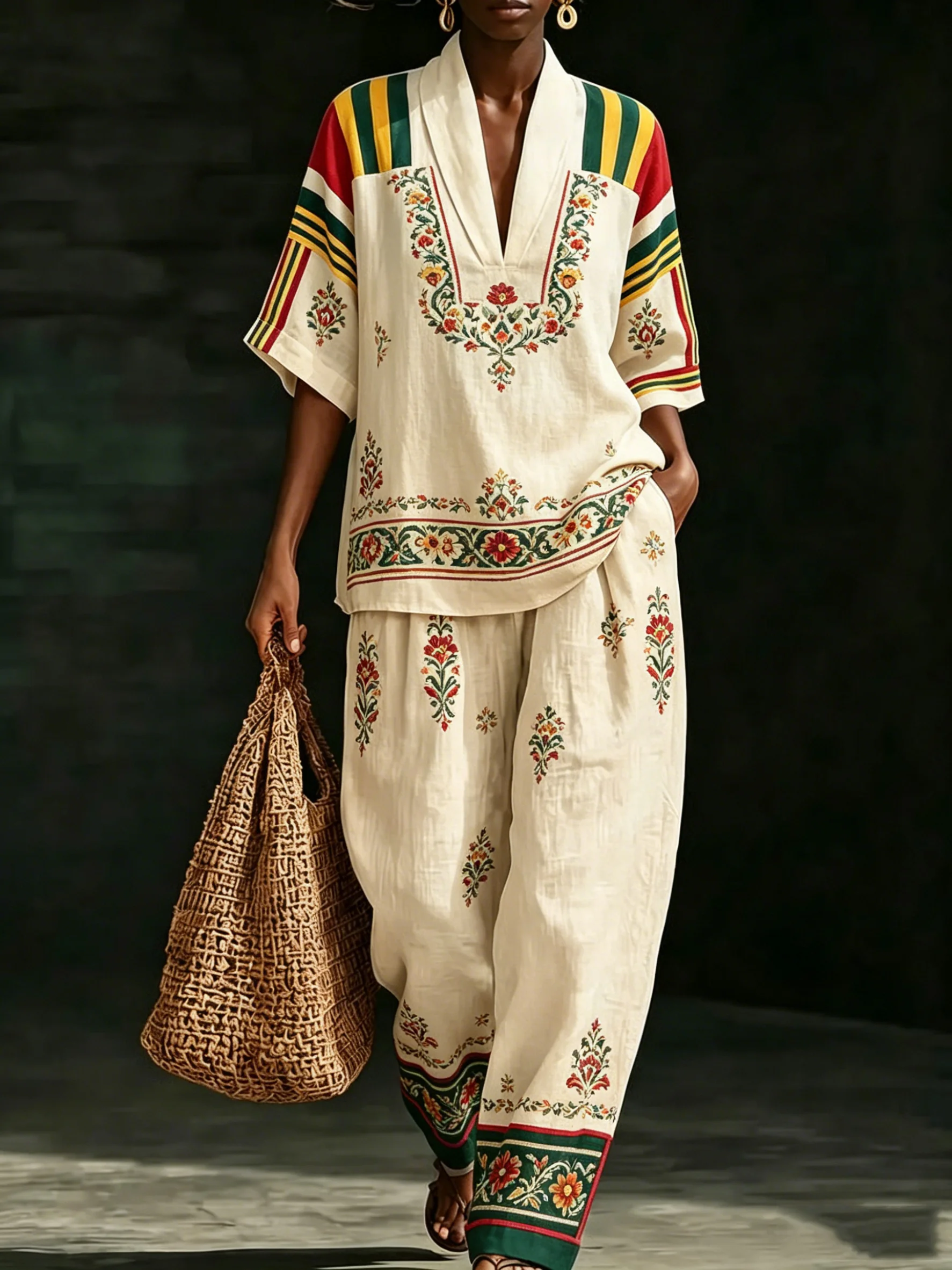 

Women's Summer 2026 Ethnic Print Two Piece Set V Neck Short Sleeve Top Wide Leg Pants Fashion Casual Street Vacation Outfit