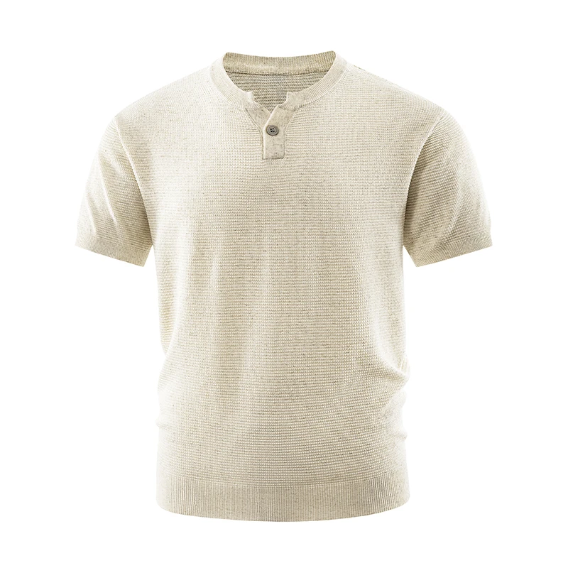 Men's knitted short-sleeved sweater T-shirt casual and fashionable, stylish polo shirt with one button round collar, top garment