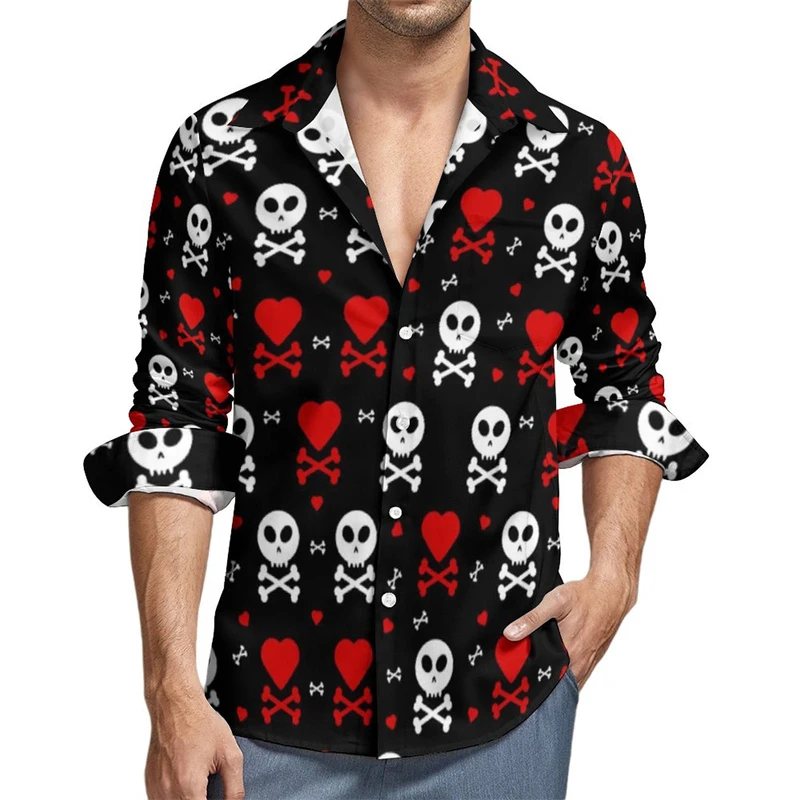 Men\'s shirt pattern shirt skull button print long sleeved daily outing V-neck fashion designer comfortable and breathable