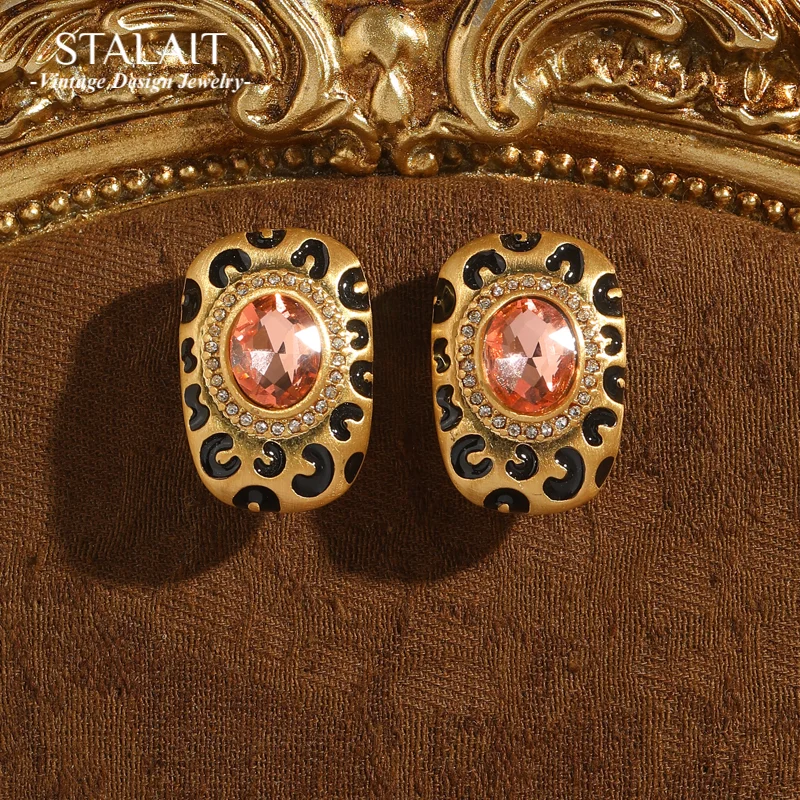 

Vintage Enamel Pink Crystal Earrings Luxury Designer Gold Color Oval Rhinestones High Quality Jewelry Wedding Accessories 2025
