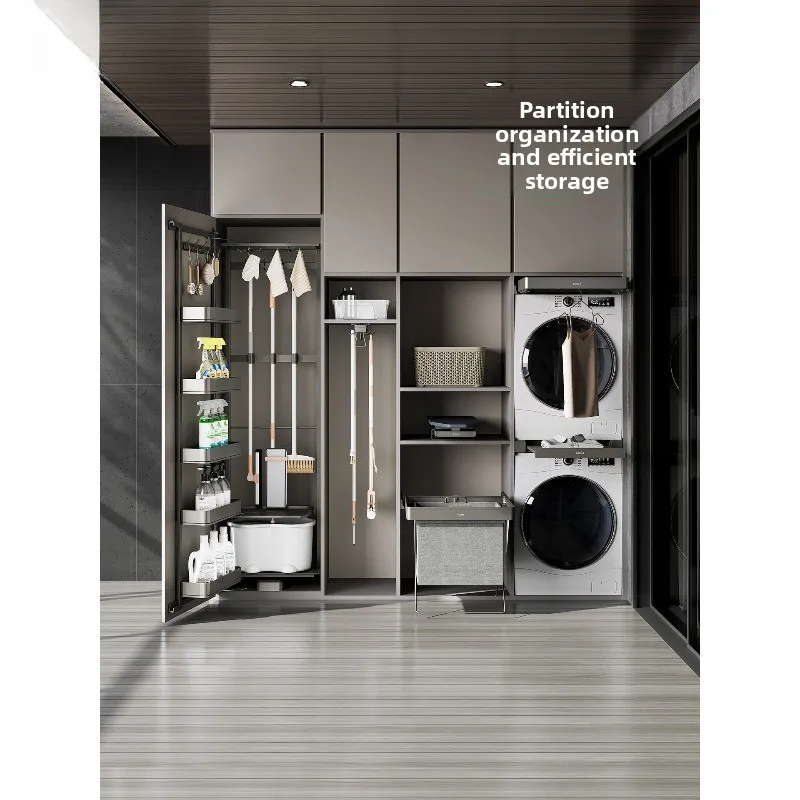 machine pulls clothes rack, telescopic pants rack above balcony, ironing board washing and drying utensils are stored in cabinet