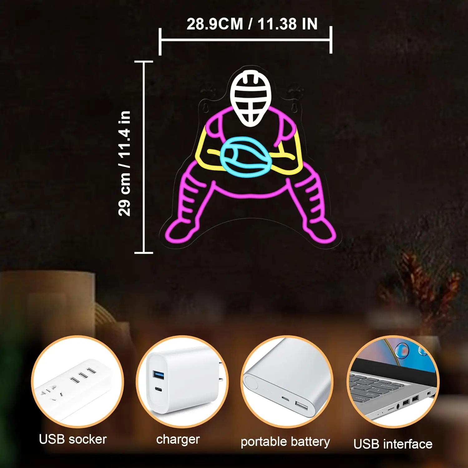 ป้ายไฟนีออนรูปเบสบอล ไฟ LED ปรับความสว่างได้ผ่านพอร์ต USB สำหรับตกแต่งบ้าน คลับ ร้านค้า ห้องเล่นเกม ห้องนอน ของขวัญส่วนตัว ไฟกลางคืน